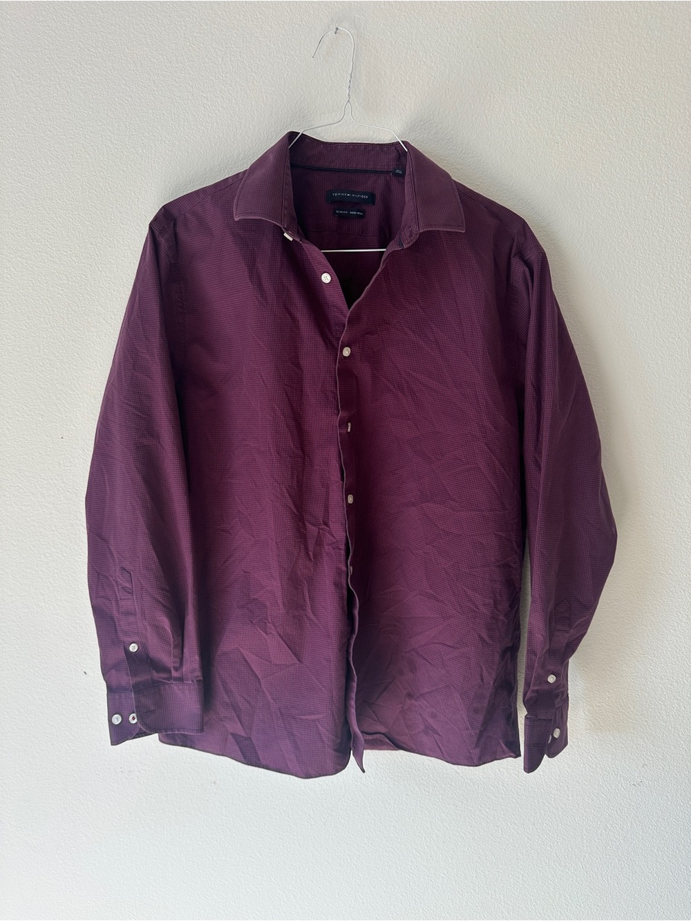 Tommy Hilfiger Archival Gingham Shirt XL Tall Maroon Slim Fit Non-Iron Academia